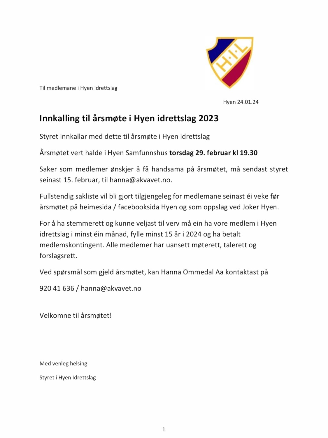 Årsmøte i Hyen idrettslag 2023